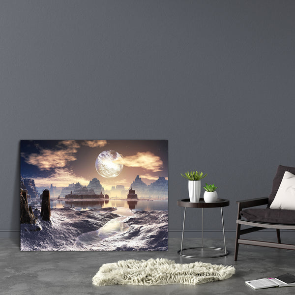 Winter Alien Landscape Canvas Painting Synthetic Frame-Paintings MDF Framing-AFF_FR-IC 5000490 IC 5000490, Astronomy, Black and White, Cosmology, Digital, Digital Art, Fantasy, Graphic, Illustrations, Landscapes, Mountains, Scenic, Science Fiction, Space, Stars, White, winter, alien, landscape, canvas, painting, for, bedroom, living, room, engineered, wood, frame, science, fiction, moon, age, blue, broken, chill, cold, cosmos, crater, frozen, horizon, ice, illustration, lunar, mountain, orbit, planet, refle