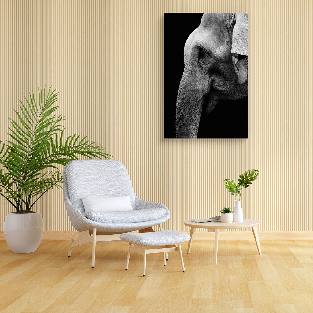 Black & White Elephant Canvas Painting Synthetic Frame-Paintings MDF Framing-AFF_FR-IC 5000886 IC 5000886, African, Animals, Asian, Black, Black and White, Indian, Individuals, Nature, Portraits, Scenic, White, Wildlife, elephant, canvas, painting, synthetic, frame, animal, big, close, closeup, danger, detail, ear, eye, face, head, large, old, one, portrait, profile, skin, slow, strong, trunk, tusk, wild, artzfolio, wall decor for living room, wall frames for living room, frames for living room, wall art, c