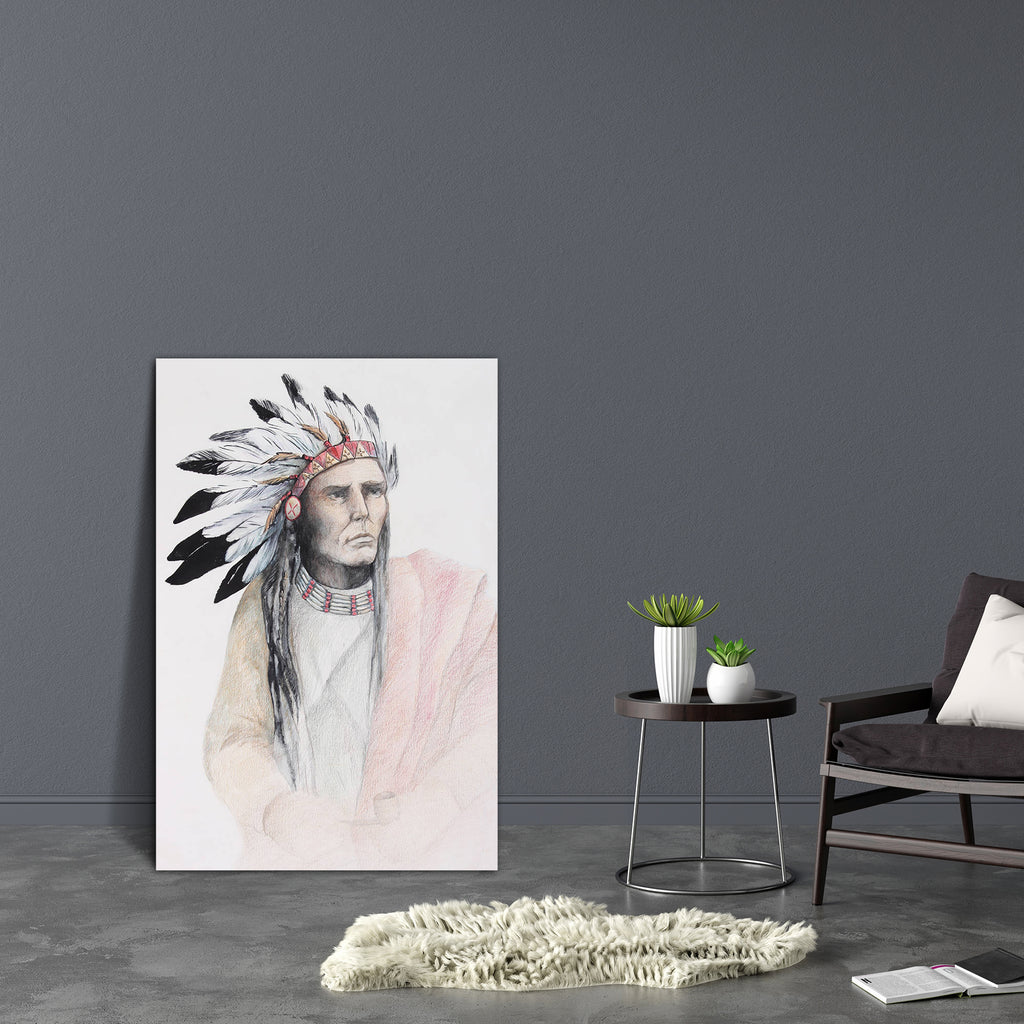 American Indian With Feathers Canvas Painting Synthetic Frame-Paintings MDF Framing-AFF_FR-IC 5001022 IC 5001022, American, Ancient, Art and Paintings, Black, Black and White, Culture, Drawing, Ethnic, Historical, Illustrations, Indian, Individuals, Medieval, Paintings, People, Portraits, Traditional, Tribal, Vintage, White, World Culture, with, feathers, canvas, painting, synthetic, frame, native, adornment, art, artistic, chief, chieftain, close, closeup, color, costume, creative, creativity, decor, decor