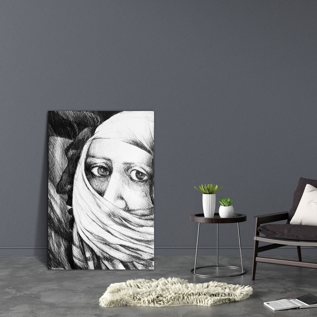 Arab Woman with Burkha Canvas Painting Synthetic Frame-Paintings MDF Framing-AFF_FR-IC 5001038 IC 5001038, Black, Black and White, Conceptual, Drawing, Illustrations, Individuals, Portraits, Signs, Signs and Symbols, Sketches, Urban, White, arab, woman, with, burkha, canvas, painting, synthetic, frame, background, burka, closeup, concept, cover, detail, draw, expression, expressive, eye, face, handcraft, handmade, illustration, illustrative, intensive, paper, pen, picture, portrait, profile, sign, sketch, s