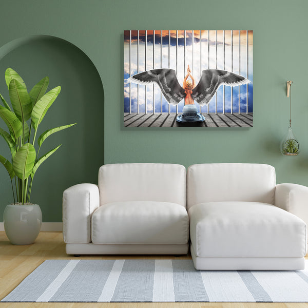 Angel Kneeling With His Back Canvas Painting Synthetic Frame-Paintings MDF Framing-AFF_FR-IC 5001137 IC 5001137, Landscapes, Nature, Religion, Religious, Scenic, Spiritual, Metallic, angel, kneeling, with, his, back, canvas, painting, for, bedroom, living, room, engineered, wood, frame, blood, bright, cage, cell, cloud, day, female, fictional, freedom, grace, grate, heaven, human, image, imagination, innocence, iron, metal, one, only, outdoors, perfection, person, prison, prisoner, rod, seagull, sit, skin, 