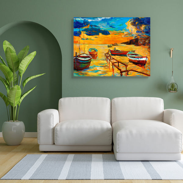 Artwork Of Boat & Jetty Canvas Painting Synthetic Frame-Paintings MDF Framing-AFF_FR-IC 5001894 IC 5001894, Abstract Expressionism, Abstracts, Art and Paintings, Automobiles, Boats, Drawing, Illustrations, Impressionism, Landscapes, Modern Art, Nature, Nautical, Paintings, Scenic, Semi Abstract, Signs, Signs and Symbols, Sketches, Sunsets, Transportation, Travel, Vehicles, Watercolour, artwork, of, boat, jetty, canvas, painting, for, bedroom, living, room, engineered, wood, frame, oil, watercolor, landscape