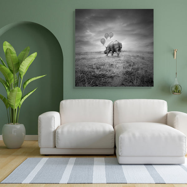 Artistic Rhino Back With Three Balloons Canvas Painting Synthetic Frame-Paintings MDF Framing-AFF_FR-IC 5002031 IC 5002031, Animals, Art and Paintings, Black, Black and White, Collages, Fantasy, Landscapes, Nature, Scenic, Space, White, artistic, rhino, back, with, three, balloons, canvas, painting, for, bedroom, living, room, engineered, wood, frame, animal, art, balloon, big, cloud, cloudy, collage, composition, creativity, detail, dramatic, dreamy, field, fun, funny, grass, gray, grey, huge, imagination,