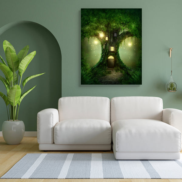 Fantasy Tree House In Forest D1 Canvas Painting Synthetic Frame-Paintings MDF Framing-AFF_FR-IC 5002842 IC 5002842, Fantasy, Landscapes, Nature, Scenic, Surrealism, Wooden, tree, house, in, forest, d1, canvas, painting, for, bedroom, living, room, engineered, wood, frame, fairy, magic, landscape, tale, surreal, fairytale, fairies, jungle, tales, adventure, bright, dark, darkness, deep, door, dreams, dreamy, fog, green, home, imagination, imagine, lamp, lantern, leaves, light, mist, misty, mysterious, myster