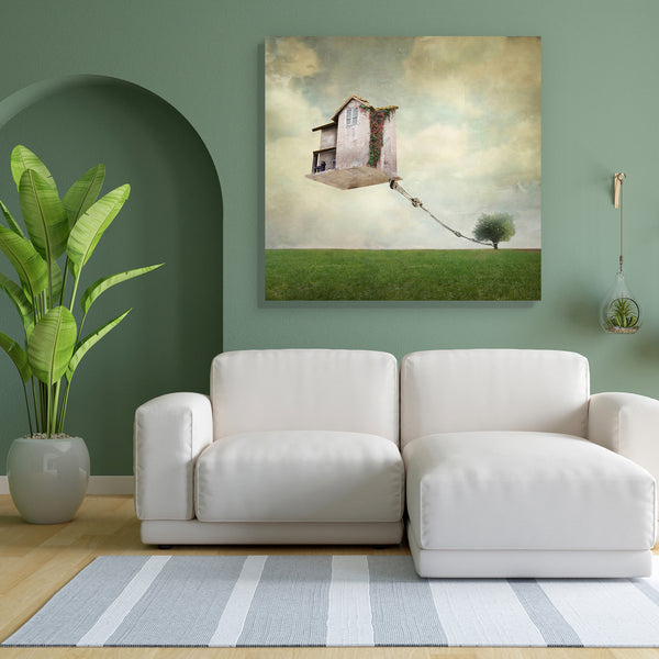 House Floating In The Air Canvas Painting Synthetic Frame-Paintings MDF Framing-AFF_FR-IC 5002973 IC 5002973, Ancient, Architecture, Art and Paintings, Collages, Historical, Illustrations, Landscapes, Medieval, Realism, Scenic, Surrealism, Vintage, house, floating, in, the, air, canvas, painting, for, bedroom, living, room, engineered, wood, frame, surreal, art, artistic, background, beautiful, collage, colorful, composition, creativity, detail, dream, dreamy, escape, exterior, fable, flight, float, grass, 