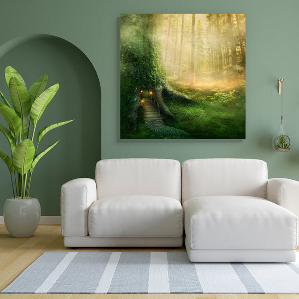 Fantasy Tree House In Forest D2 Canvas Painting Synthetic Frame-Paintings MDF Framing-AFF_FR-IC 5003056 IC 5003056, Fantasy, Landscapes, Nature, Scenic, Surrealism, Wooden, tree, house, in, forest, d2, canvas, painting, for, bedroom, living, room, engineered, wood, frame, fairy, enchanted, tale, magic, landscape, tales, fairytale, fairies, imagine, door, adventure, big, bright, dark, darkness, deep, fog, green, home, imagination, lamp, lantern, leaves, light, mist, misty, mysterious, mystery, natural, night