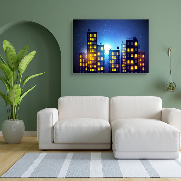 City At Night Canvas Painting Synthetic Frame-Paintings MDF Framing-AFF_FR-IC 5003489 IC 5003489, Abstract Expressionism, Abstracts, Cities, City Views, Icons, Illustrations, Landscapes, Modern Art, Patterns, Scenic, Semi Abstract, Signs, Signs and Symbols, Skylines, Symbols, Urban, city, at, night, canvas, painting, for, bedroom, living, room, engineered, wood, frame, cityscape, apartment, building, abstract, apartments, background, big, blocks, buildings, concept, design, downtown, dusk, evening, flats, h