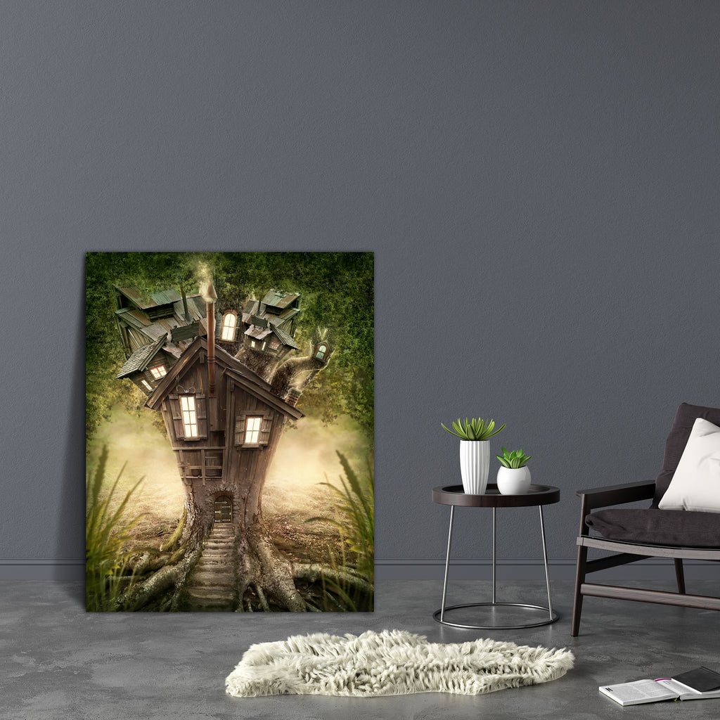 Fantasy Tree House In Forest D3 Canvas Painting Synthetic Frame-Paintings MDF Framing-AFF_FR-IC 5003583 IC 5003583, Fantasy, Landscapes, Nature, Scenic, Surrealism, Wooden, tree, house, in, forest, d3, canvas, painting, synthetic, frame, fairy, adventure, bright, dark, darkness, deep, door, dreams, dreamy, fairytale, fog, green, home, imagination, imagine, lamp, landscape, lantern, leaves, light, magic, mist, misty, mysterious, mystery, natural, night, nobody, outdoor, plant, road, shine, sparkle, stairs, s