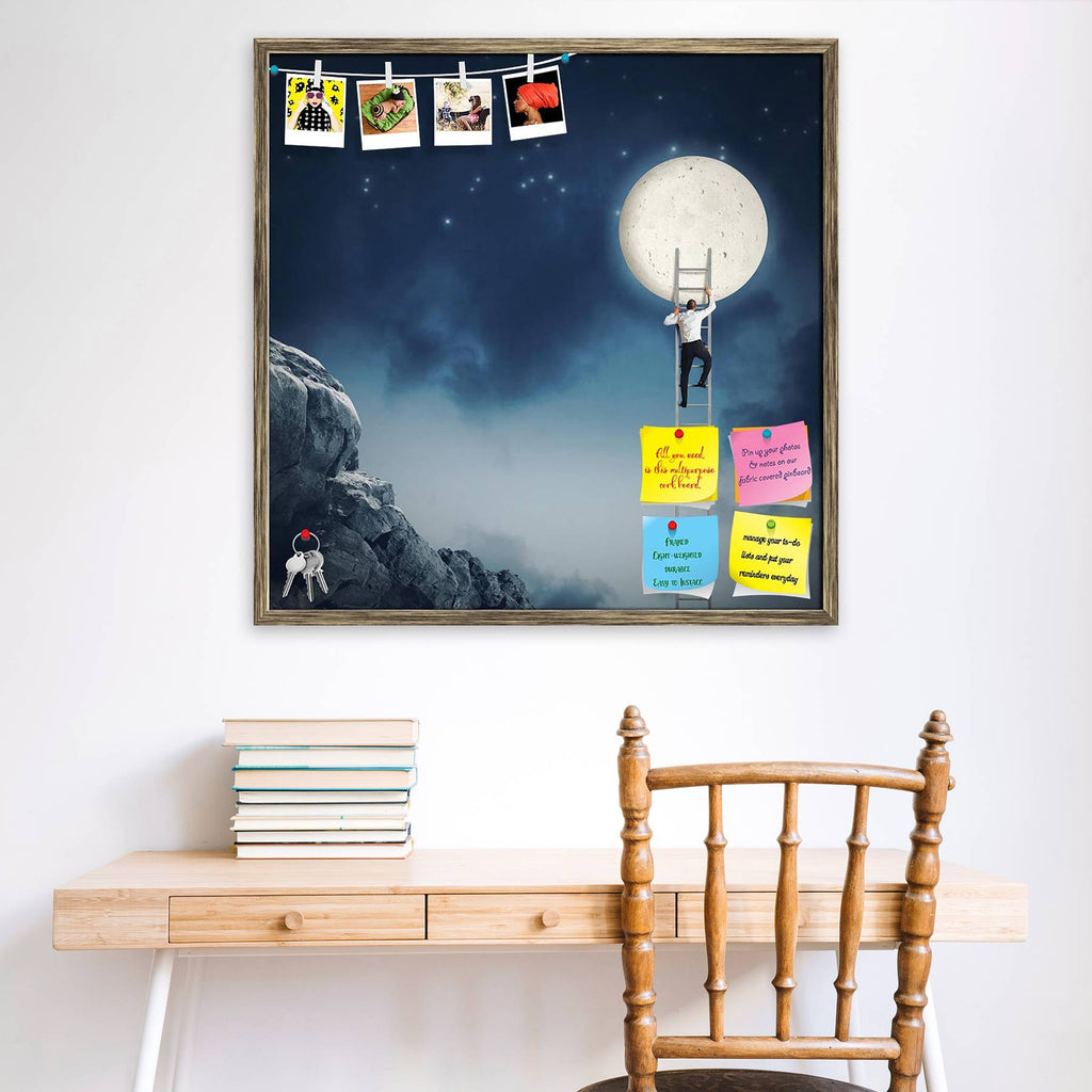 Man Scales The Sky For Moon Bulletin Board Notice Pin Board Soft Board | Framed-Bulletin Boards Framed-BLB_FR-IC 5004400 IC 5004400, Astronomy, Business, Cosmology, Fantasy, Mountains, Space, man, scales, the, sky, for, moon, bulletin, board, notice, pin, soft, framed, impossible, challenge, reach, achieve, want, attain, blue, businessman, capture, carry, climb, cloud, cloudy, competition, concept, cord, determination, dream, engage, get, glowing, light, manager, mountain, night, planet, pull, romantic, rop