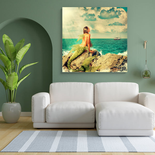 Mermaid With Fish Tail Sitting On Rocks Canvas Painting Synthetic Frame-Paintings MDF Framing-AFF_FR-IC 5004734 IC 5004734, Boats, Fantasy, Health, Illustrations, Marble and Stone, Mermaid, Nautical, Surrealism, with, fish, tail, sitting, on, rocks, canvas, painting, for, bedroom, living, room, engineered, wood, frame, siren, back, beautiful, beauty, blue, cliff, dream, fairy, fairytale, fantastic, female, fin, fishtail, flipper, girl, hair, illustration, lady, legend, light, long, magic, mythology, ocean, 