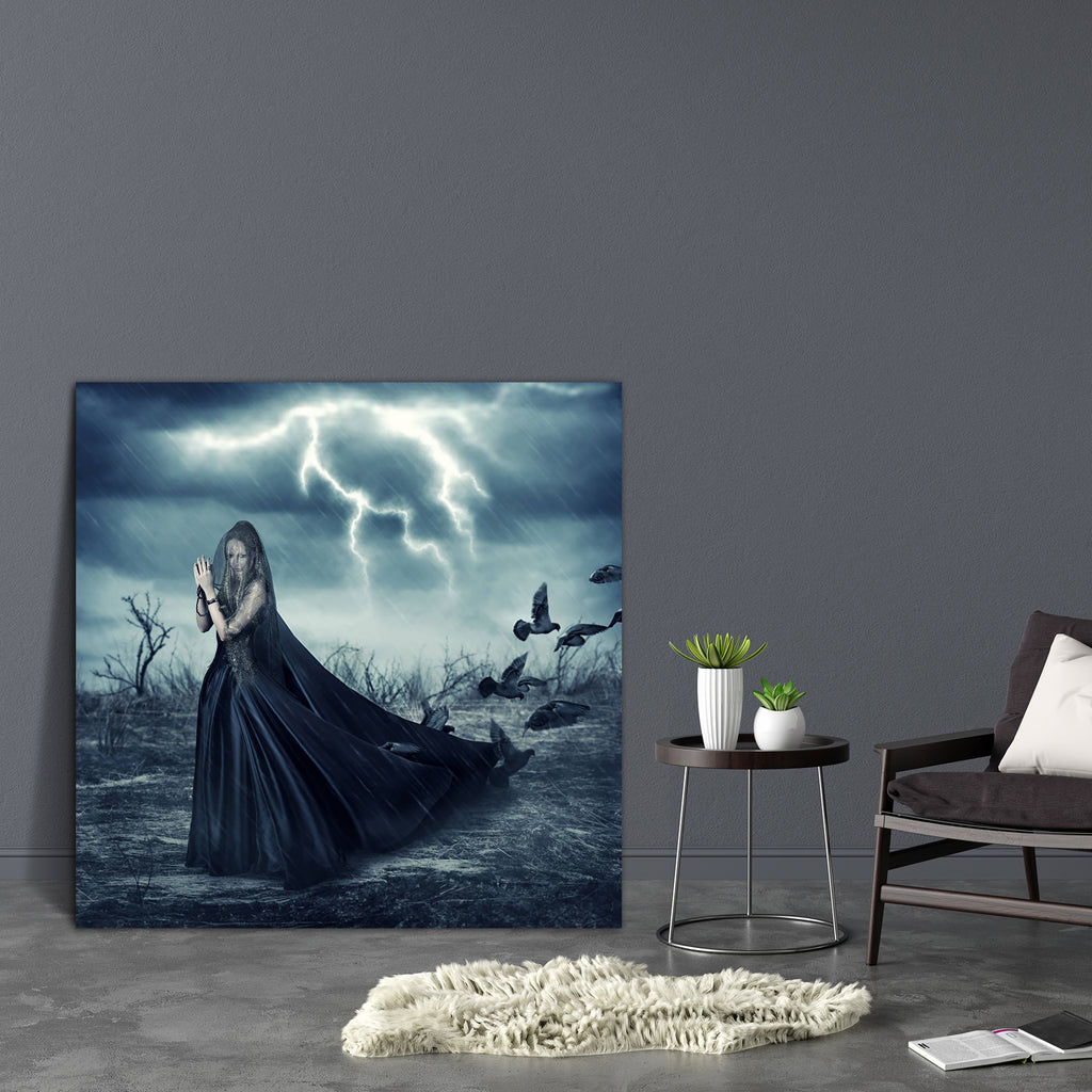 Woman In Black Canvas Painting Synthetic Frame-Paintings MDF Framing-AFF_FR-IC 5004735 IC 5004735, Ancient, Birds, Black, Black and White, Fantasy, Fashion, Medieval, Surrealism, Vintage, woman, in, canvas, painting, synthetic, frame, wizard, girl, horror, world, bad, beads, beautiful, beauty, clouds, dark, downpour, dress, enchantress, evening, evil, fantastic, fashionable, flash, hailstorm, halloween, hurricane, lady, lightning, long, mage, magician, outdoor, pigeon, rain, rainfall, rosary, shower, sorcer