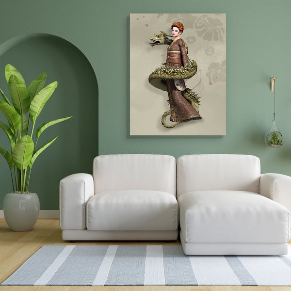 Woman With Dragon Canvas Painting Synthetic Frame-Paintings MDF Framing-AFF_FR-IC 5004775 IC 5004775, Art and Paintings, Asian, Botanical, Fantasy, Floral, Flowers, Illustrations, Japanese, Nature, woman, with, dragon, canvas, painting, for, bedroom, living, room, engineered, wood, frame, art, artwork, asia, beautiful, beauty, danger, east, eastern, fairy, tale, fairytale, fan, geisha, girl, illustration, japan, kimono, orient, oriental, power, princess, spiral, tail, warrior, artzfolio, wall decor for livi