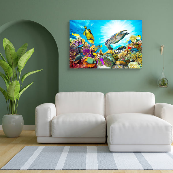 Coral Reef With Fishes & Sea Turtle Canvas Painting Synthetic Frame-Paintings MDF Framing-AFF_FR-IC 5005180 IC 5005180, Animals, Automobiles, Eygptian, God Ram, Hawaiian, Hinduism, Landscapes, Nature, Panorama, Scenic, Transportation, Travel, Tropical, Vehicles, Wildlife, coral, reef, with, fishes, sea, turtle, canvas, painting, for, bedroom, living, room, engineered, wood, frame, fish, aquarium, underwater, colorful, hawaii, corals, shih, tzu, snorkeling, turtles, diving, background, colourful, under, the,