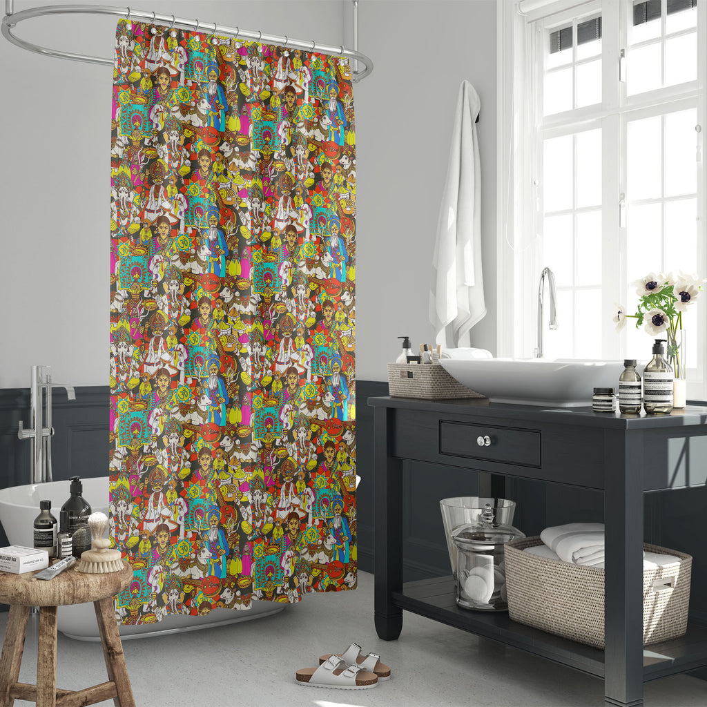 Indian Cultural Holy Animals D1 Washable Waterproof Shower Curtain-Shower Curtains-CUR_SH_EL-IC 5007956 IC 5007956, Abstract Expressionism, Abstracts, Animals, Books, Cuisine, Culture, Dance, Decorative, Ethnic, Festivals and Occasions, Festive, Folk Art, Fruit and Vegetable, Hinduism, Illustrations, Indian, Music, Music and Dance, Music and Musical Instruments, Patterns, Religion, Religious, Sanskrit, Semi Abstract, Signs, Signs and Symbols, Spiritual, Symbols, Traditional, Tribal, World Culture, cultural,