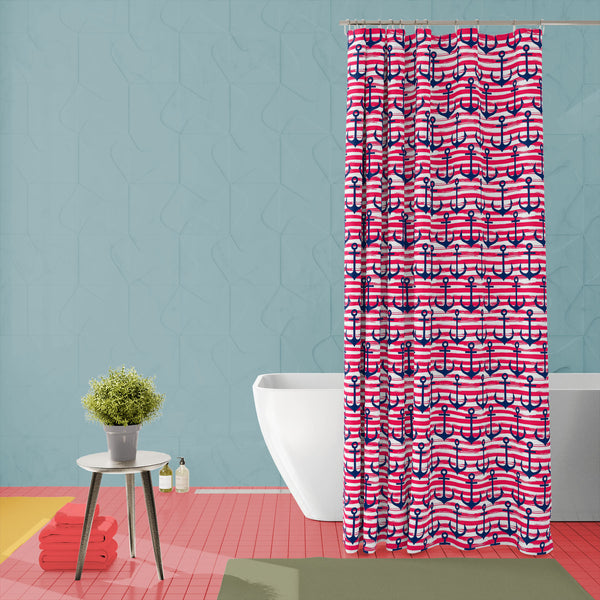 Anchors On Stripes D2 Washable Waterproof Shower Curtain-Shower Curtains-CUR_SH_EL-IC 5008123 IC 5008123, Abstract Expressionism, Abstracts, Art and Paintings, Automobiles, Black and White, Digital, Digital Art, Graphic, Illustrations, Nautical, Patterns, Semi Abstract, Signs, Signs and Symbols, Stripes, Transportation, Travel, Vehicles, White, anchors, on, d2, washable, waterproof, polyester, shower, curtain, eyelets, pattern, anchor, texture, marine, sailor, abstract, art, backdrop, background, blue, brus