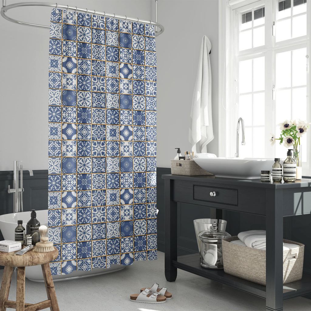 Blue & White Moroccan Washable Waterproof Shower Curtain-Shower Curtains-CUR_SH_EL-IC 5008231 IC 5008231, Allah, Ancient, Arabic, Aztec, Black and White, Botanical, Culture, Decorative, Ethnic, Floral, Flowers, Historical, Illustrations, Indian, Islam, Medieval, Moroccan, Nature, Patterns, Pets, Portuguese, Renaissance, Spanish, Traditional, Tribal, Vintage, White, World Culture, blue, washable, waterproof, shower, curtain, arabesque, azulejo, background, border, carpet, ceramic, cover, curly, fabric, floor