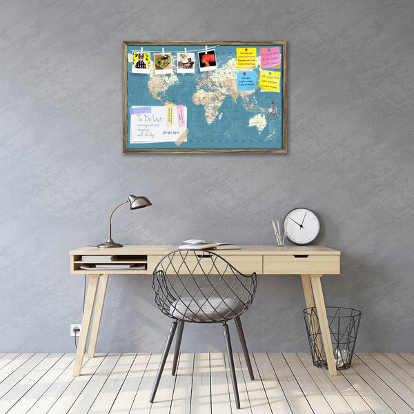 Vintage World Map D1 Bulletin Board Notice Pin Board Soft Board | Framed-Bulletin Boards Framed-BLB_FR-IC 5012012 IC 5012012, African, American, Ancient, Art and Paintings, Asian, Chinese, Cities, City Views, Countries, German, Grid Art, Historical, Illustrations, Italian, Japanese, Maps, Medieval, Paintings, Retro, Spanish, Vintage, world, map, d1, bulletin, board, notice, pin, vision, soft, combo, with, thumb, push, pins, sticky, notes, antique, golden, frame, vector, sea, country, blue, color, flat, asia