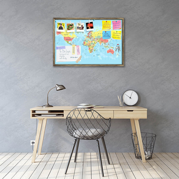 World Map D3 Bulletin Board Notice Pin Board Soft Board | Framed-Bulletin Boards Framed-BLB_FR-IC 5012050 IC 5012050, Abstract Expressionism, Abstracts, African, American, Ancient, Asian, Astronomy, Automobiles, Cosmology, Countries, Historical, Illustrations, Maps, Medieval, Semi Abstract, Signs, Signs and Symbols, Space, Transportation, Travel, Vehicles, Vintage, world, map, d3, bulletin, board, notice, pin, vision, soft, combo, with, thumb, push, pins, sticky, notes, antique, golden, frame, political, de