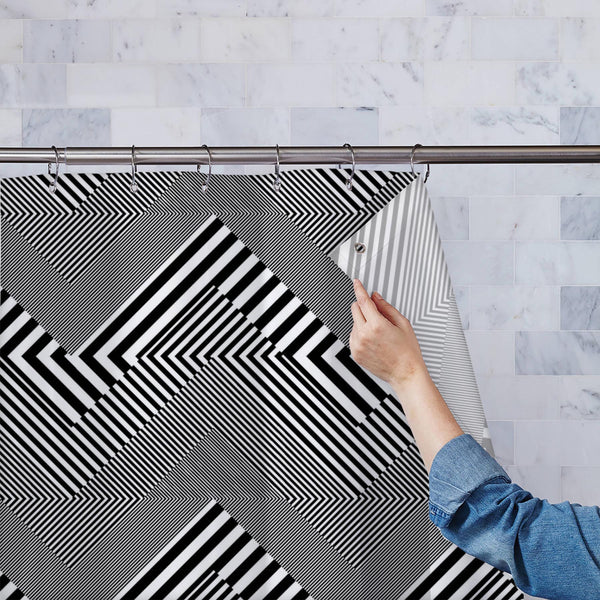 Abstract Geometric Stripes D2 Washable Waterproof Shower Curtain-Shower Curtains-CUR_SH_EL-IC 5015117 IC 5015117, Abstract Expressionism, Abstracts, Art and Paintings, Black, Black and White, Decorative, Digital, Digital Art, Fashion, Geometric, Geometric Abstraction, Graphic, Grid Art, Illustrations, Patterns, Semi Abstract, Signs, Signs and Symbols, Stripes, Urban, White, abstract, d2, washable, waterproof, polyester, shower, curtain, eyelets, pattern, vector, seamless, texture, design, background, print,