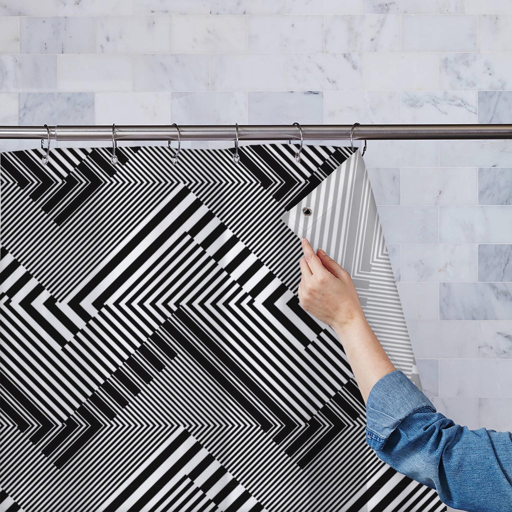 Abstract Geometric Stripes D3 Washable Waterproof Shower Curtain-Shower Curtains-CUR_SH_EL-IC 5015141 IC 5015141, Abstract Expressionism, Abstracts, Art and Paintings, Black, Black and White, Chevron, Decorative, Digital, Digital Art, Fashion, Geometric, Geometric Abstraction, Graphic, Grid Art, Patterns, Semi Abstract, Signs, Signs and Symbols, Stripes, Urban, White, abstract, d3, washable, waterproof, shower, curtain, pattern, art, optical, shapes, backdrop, background, contrast, cover, creative, decor, d