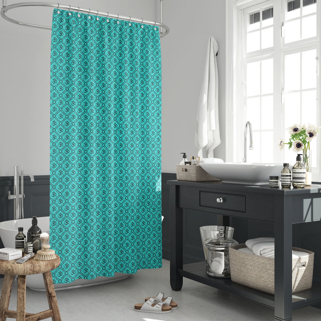 Teal Black Aum Hindu Symbol D1 Washable Waterproof Shower Curtain-Shower Curtains-CUR_SH_EL-IC 5015292 IC 5015292, Abstract Expressionism, Abstracts, Black, Black and White, Books, Buddhism, Digital, Digital Art, Geometric, Geometric Abstraction, Graphic, Hinduism, Icons, Indian, Patterns, Religion, Religious, Sanskrit, Semi Abstract, Signs, Signs and Symbols, Spiritual, Symbols, teal, aum, hindu, symbol, d1, washable, waterproof, shower, curtain, abstract, aqua, backdrop, background, blue, bright, colorful