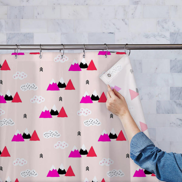 Pink Wonderland Mountains Washable Waterproof Shower Curtain-Shower Curtains-CUR_SH_EL-IC 5015393 IC 5015393, Abstract Expressionism, Abstracts, Arrows, Art and Paintings, Black, Black and White, Decorative, Digital, Digital Art, Fashion, Geometric, Geometric Abstraction, Graphic, Illustrations, Japanese, Landscapes, Modern Art, Mountains, Nature, Patterns, Retro, Scandinavian, Scenic, Semi Abstract, Signs, Signs and Symbols, Triangles, White, pink, wonderland, washable, waterproof, polyester, shower, curta