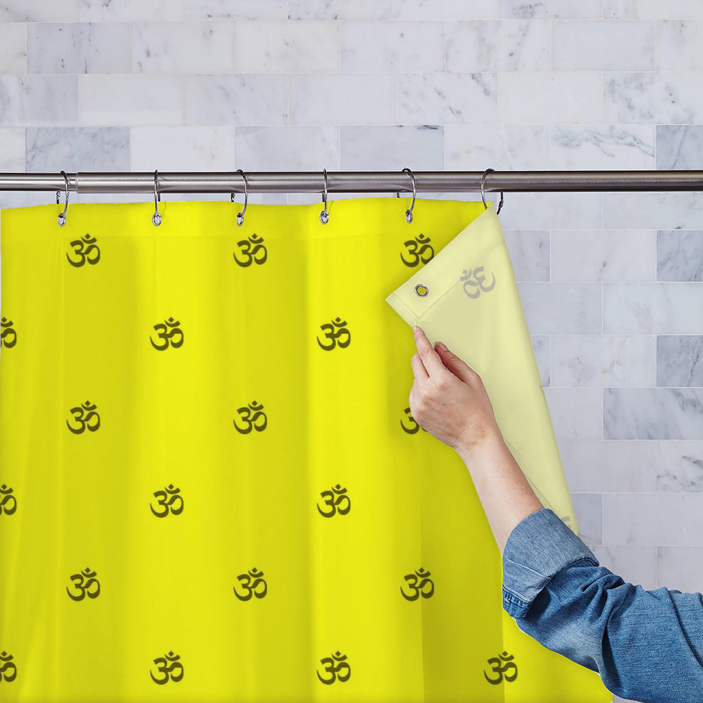 Om Signs on Yellow Washable Waterproof Shower Curtain-Shower Curtains-CUR_SH_EL-IC 5015401 IC 5015401, Abstract Expressionism, Abstracts, Art and Paintings, Buddhism, Culture, Digital, Digital Art, Ethnic, Graphic, Illustrations, Patterns, Religion, Religious, Sanskrit, Semi Abstract, Signs, Signs and Symbols, Traditional, Tribal, World Culture, om, on, yellow, washable, waterproof, shower, curtain, abstract, art, background, color, conscious, contemplation, curve, design, illustration, image, imagery, life