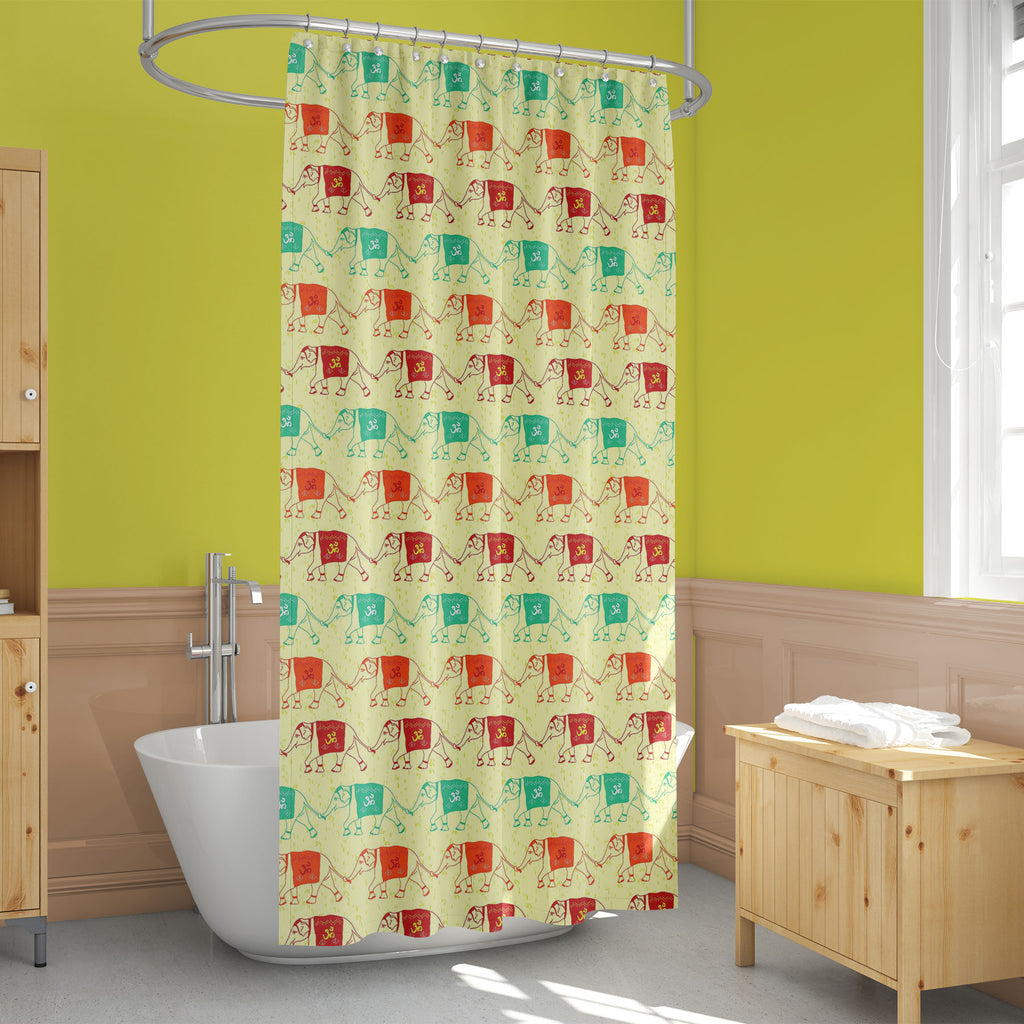 Elephants with Om Washable Waterproof Shower Curtain-Shower Curtains-CUR_SH_EL-IC 5015469 IC 5015469, Abstract Expressionism, Abstracts, African, Ancient, Animals, Art and Paintings, Asian, Automobiles, Calligraphy, Culture, Ethnic, Family, Festivals and Occasions, Festive, Historical, Illustrations, Indian, Mandala, Medieval, Patterns, Persian, Religion, Religious, Retro, Sanskrit, Semi Abstract, Signs, Signs and Symbols, Sketches, Symbols, Traditional, Transportation, Travel, Tribal, Vehicles, Vintage, Wo