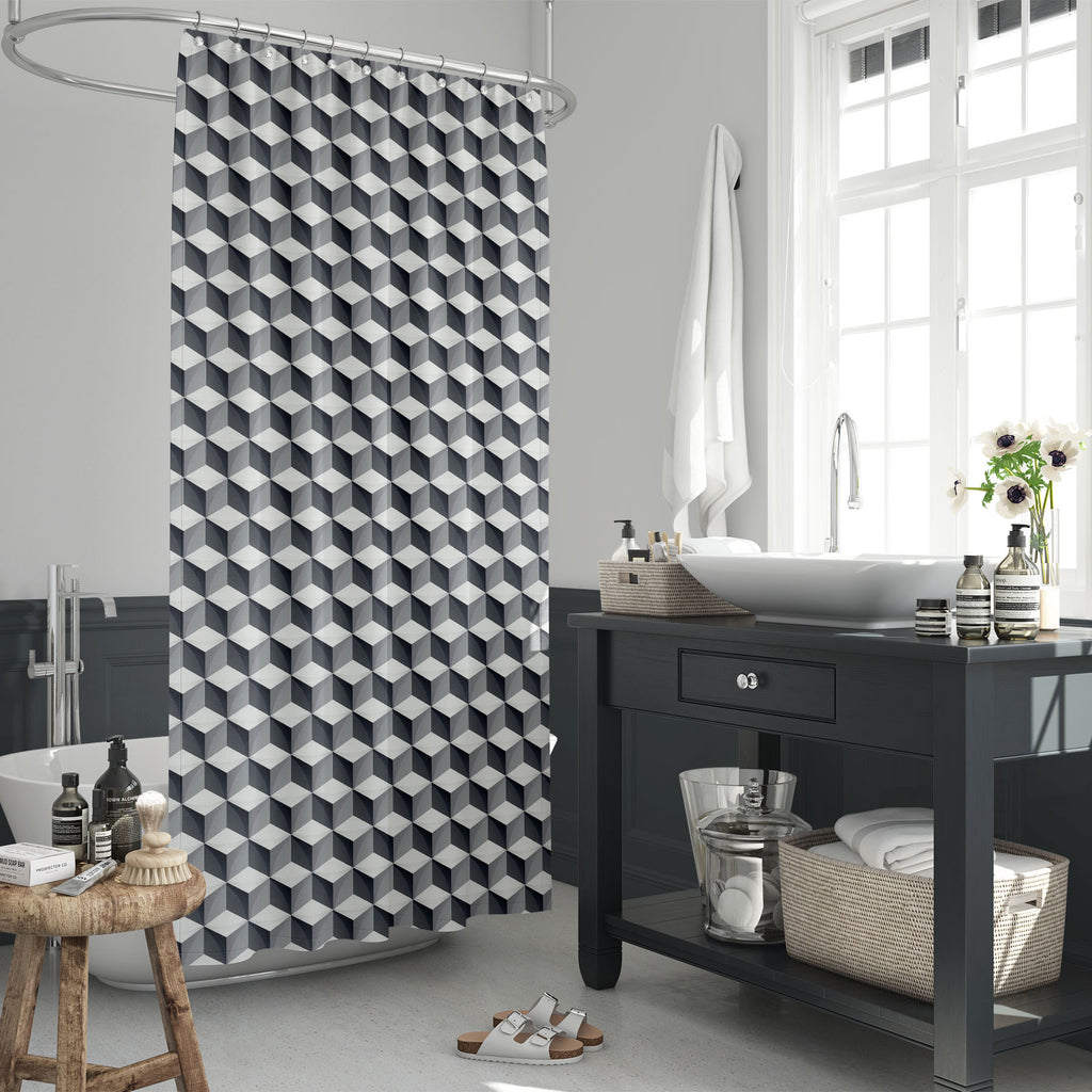 3D Geometric Cubes D4 Washable Waterproof Shower Curtain-Shower Curtains-CUR_SH_EL-IC 5015484 IC 5015484, 3D, Abstract Expressionism, Abstracts, Art and Paintings, Black, Black and White, Digital, Digital Art, Geometric, Geometric Abstraction, Graphic, Illustrations, Modern Art, Patterns, Semi Abstract, Signs, Signs and Symbols, White, cubes, d4, washable, waterproof, shower, curtain, background, cube, tile, abstract, and, art, artistic, backdrop, concept, continuous, contrast, decor, design, dimensional, e