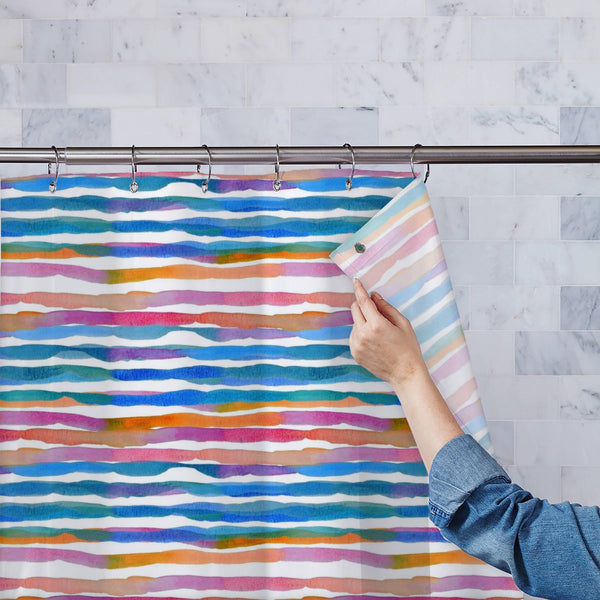 Watercolor Rainbow Stripes Washable Waterproof Shower Curtain-Shower Curtains-CUR_SH_EL-IC 5015496 IC 5015496, Abstract Expressionism, Abstracts, Art and Paintings, Automobiles, Baby, Birthday, Black and White, Children, Fashion, Geometric, Geometric Abstraction, Illustrations, Kids, Modern Art, Nautical, Patterns, Semi Abstract, Signs, Signs and Symbols, Stripes, Transportation, Travel, Vehicles, Watercolour, White, watercolor, rainbow, washable, waterproof, polyester, shower, curtain, eyelets, stripe, lin