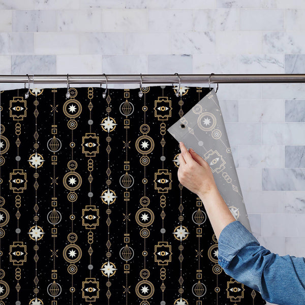 Stars and Magical Golden Garlands Washable Waterproof Shower Curtain-Shower Curtains-CUR_SH_EL-IC 5015594 IC 5015594, Abstract Expressionism, Abstracts, Ancient, Art and Paintings, Astrology, Black, Black and White, Geometric, Geometric Abstraction, Hipster, Historical, Horoscope, Medieval, Patterns, Science Fiction, Semi Abstract, Space, Spiritual, Stars, Sun Signs, Vintage, Zodiac, and, magical, golden, garlands, washable, waterproof, polyester, shower, curtain, eyelets, pattern, magic, esoteric, alchemy,