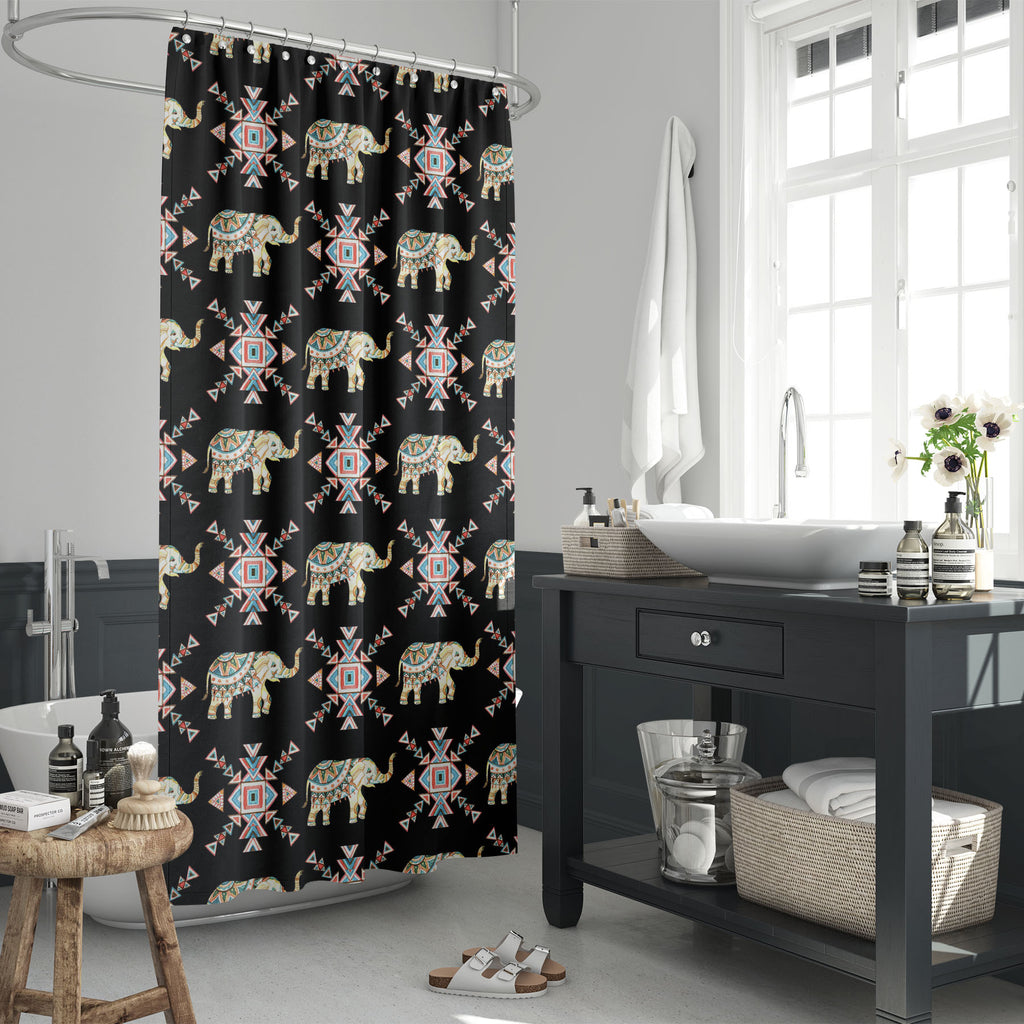 Indian Tribal Elephant Washable Waterproof Shower Curtain-Shower Curtains-CUR_SH_EL-IC 5015595 IC 5015595, Abstract Expressionism, Abstracts, African, Ancient, Animals, Arrows, Automobiles, Aztec, Black, Black and White, Bohemian, Botanical, Culture, Ethnic, Floral, Flowers, Geometric, Geometric Abstraction, Historical, Illustrations, Indian, Mandala, Medieval, Nature, Paisley, Patterns, Scenic, Semi Abstract, Signs, Signs and Symbols, Sketches, Symbols, Traditional, Transportation, Travel, Triangles, Triba