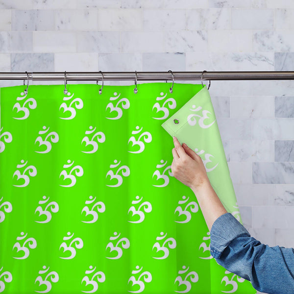 White Green Om Symbol Washable Waterproof Shower Curtain-Shower Curtains-CUR_SH_EL-IC 5015609 IC 5015609, Asian, Buddhism, Chinese, Culture, Ethnic, Hinduism, Illustrations, Indian, Japanese, Patterns, Religion, Religious, Sanskrit, Signs, Signs and Symbols, Spiritual, Symbols, Tibetan Art, Traditional, Tribal, World Culture, white, green, om, symbol, washable, waterproof, polyester, shower, curtain, eyelets, asia, background, chakra, design, east, eastern, illustration, lifestyle, lotus, mantra, meditation