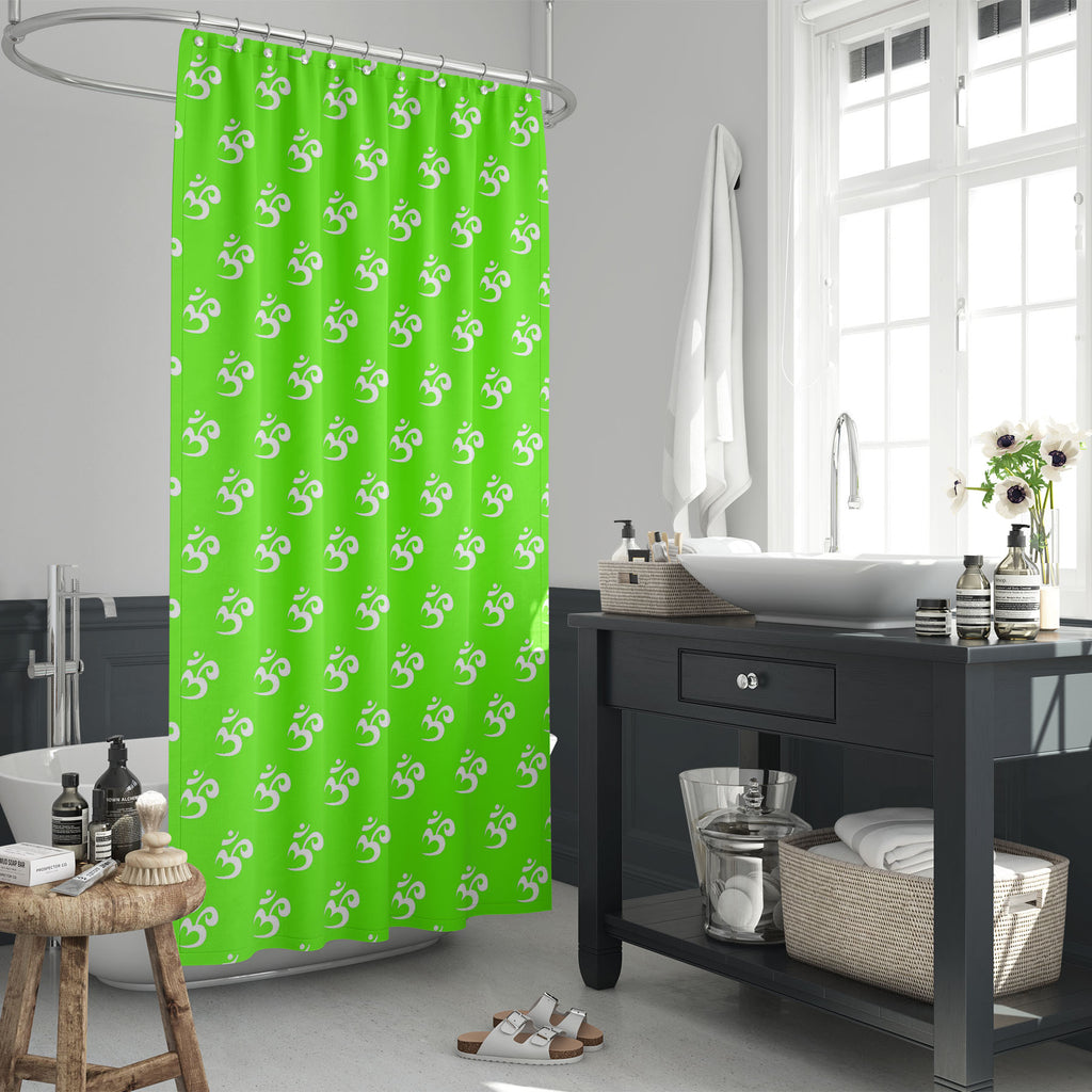 White Green Om Symbol Washable Waterproof Shower Curtain-Shower Curtains-CUR_SH_EL-IC 5015609 IC 5015609, Asian, Buddhism, Chinese, Culture, Ethnic, Hinduism, Illustrations, Indian, Japanese, Patterns, Religion, Religious, Sanskrit, Signs, Signs and Symbols, Spiritual, Symbols, Tibetan Art, Traditional, Tribal, World Culture, white, green, om, symbol, washable, waterproof, shower, curtain, asia, background, chakra, design, east, eastern, illustration, lifestyle, lotus, mantra, meditation, ornament, pattern,