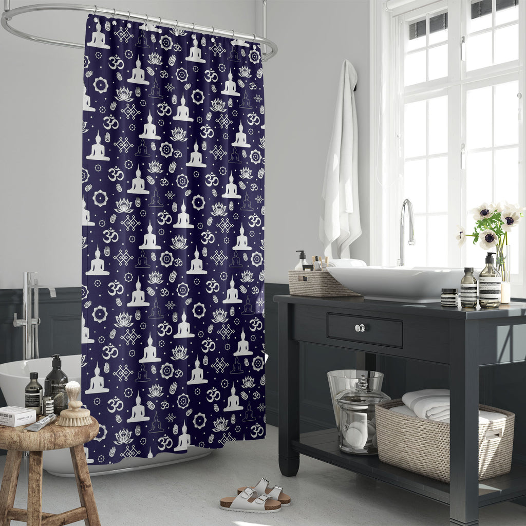 Buddhist Religious Sacred Symbols Washable Waterproof Shower Curtain-Shower Curtains-CUR_SH_EL-IC 5015697 IC 5015697, Abstract Expressionism, Abstracts, Art and Paintings, Asian, Black, Black and White, Botanical, Buddhism, Culture, Digital, Digital Art, Dots, Ethnic, Floral, Flowers, God Buddha, Graphic, Icons, Illustrations, Indian, Modern Art, Nature, Patterns, Religion, Religious, Semi Abstract, Signs, Signs and Symbols, Symbols, Traditional, Tribal, White, World Culture, buddhist, sacred, washable, wat