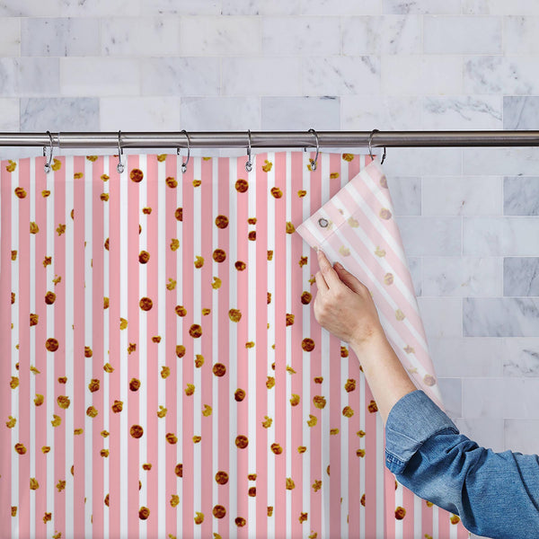 Pink Stripes Gold Dots Washable Waterproof Shower Curtain-Shower Curtains-CUR_SH_EL-IC 5015742 IC 5015742, Abstract Expressionism, Abstracts, Art and Paintings, Black and White, Chevron, Decorative, Digital, Digital Art, Dots, Geometric, Geometric Abstraction, Graphic, Hearts, Holidays, Illustrations, Love, Modern Art, Patterns, Retro, Romance, Semi Abstract, Signs, Signs and Symbols, Stripes, Vintage, Wedding, White, Metallic, pink, gold, washable, waterproof, polyester, shower, curtain, eyelets, pattern, 