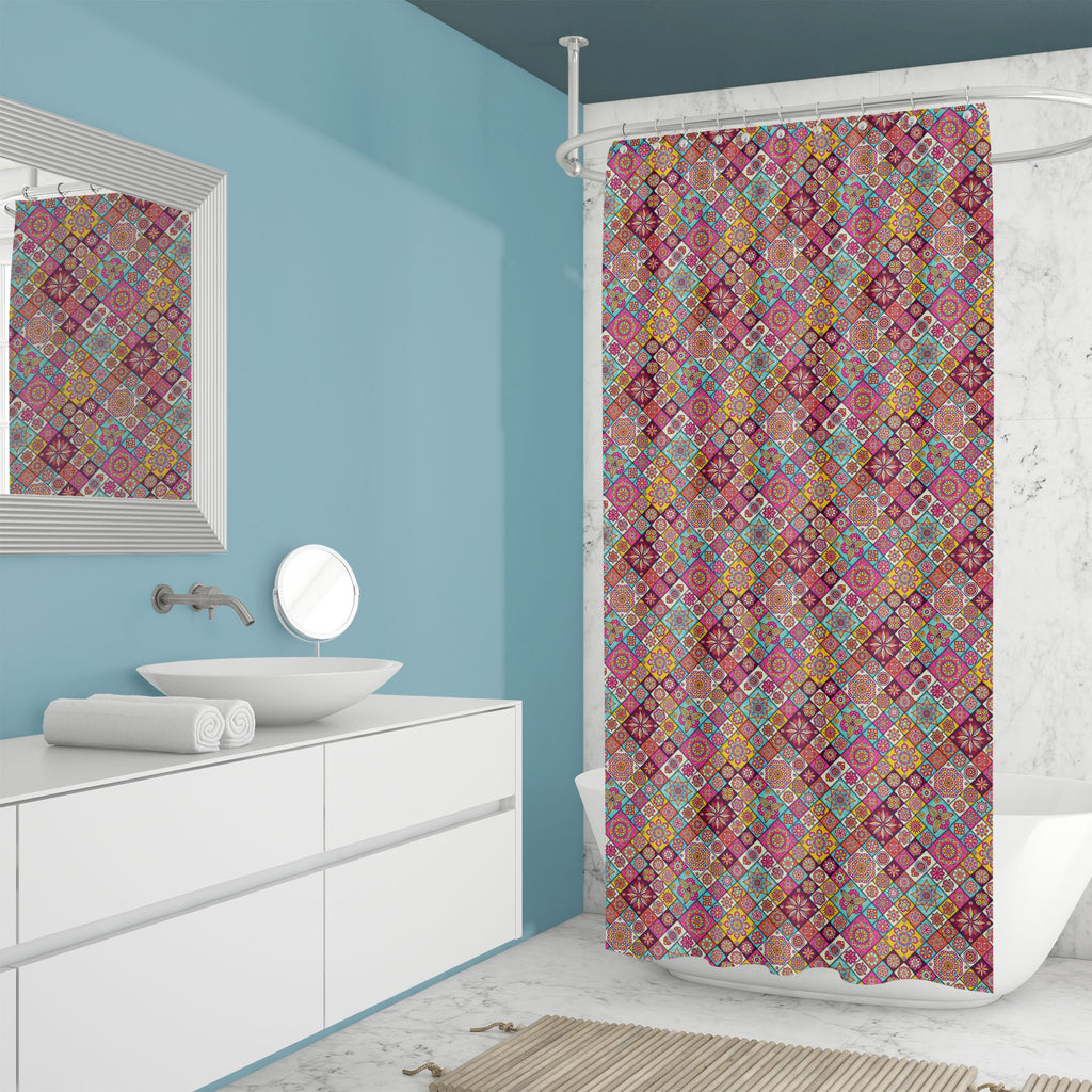 Moroccan Bohemian Mandala Washable Waterproof Shower Curtain-Shower Curtains-CUR_SH_EL-IC 5015764 IC 5015764, Allah, Ancient, Arabic, Bohemian, Botanical, Culture, Decorative, Ethnic, Fashion, Floral, Flowers, Historical, Illustrations, Indian, Islam, Mandala, Medieval, Moroccan, Nature, Patterns, Signs, Signs and Symbols, Traditional, Tribal, Vintage, World Culture, washable, waterproof, shower, curtain, tile, background, boho, brown, ceramic, chic, colorful, curve, deco, decoration, design, fabric, floor,