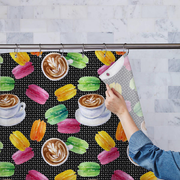 Cup of Coffee and Macaroons Washable Waterproof Shower Curtain-Shower Curtains-CUR_SH_EL-IC 5015793 IC 5015793, 80s, 90s, Astronomy, Black and White, Cosmology, Cuisine, Culture, Dots, Drawing, Ethnic, Food, Food and Beverage, Food and Drink, French, Grid Art, Illustrations, Patterns, Retro, Space, Traditional, Tribal, Watercolour, White, World Culture, cup, of, coffee, and, macaroons, washable, waterproof, polyester, shower, curtain, eyelets, assortment, background, biscuit, breakfast, cafe, cake, cappucci