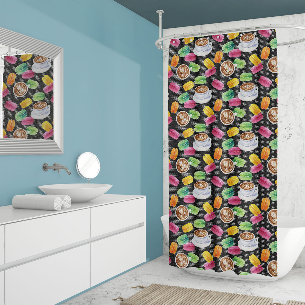 Cup of Coffee and Macaroons Washable Waterproof Shower Curtain-Shower Curtains-CUR_SH_EL-IC 5015793 IC 5015793, 80s, 90s, Astronomy, Black and White, Cosmology, Cuisine, Culture, Dots, Drawing, Ethnic, Food, Food and Beverage, Food and Drink, French, Grid Art, Illustrations, Patterns, Retro, Space, Traditional, Tribal, Watercolour, White, World Culture, cup, of, coffee, and, macaroons, washable, waterproof, shower, curtain, assortment, background, biscuit, breakfast, cafe, cake, cappuccino, color, colorful,