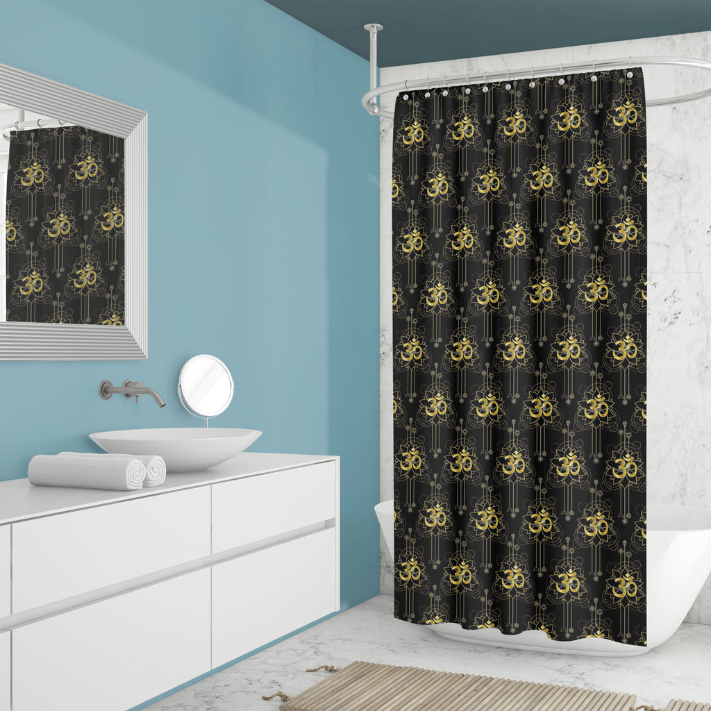 Gold Om Mantra and Lotus Washable Waterproof Shower Curtain-Shower Curtains-CUR_SH_EL-IC 5016165 IC 5016165, Abstract Expressionism, Abstracts, Black, Black and White, Bohemian, Botanical, Culture, Decorative, Ethnic, Fashion, Floral, Flowers, Geometric, Geometric Abstraction, Illustrations, Indian, Minimalism, Modern Art, Nature, Patterns, Scenic, Semi Abstract, Signs, Signs and Symbols, Symbols, Traditional, Tribal, World Culture, gold, om, mantra, and, lotus, washable, waterproof, shower, curtain, abstra