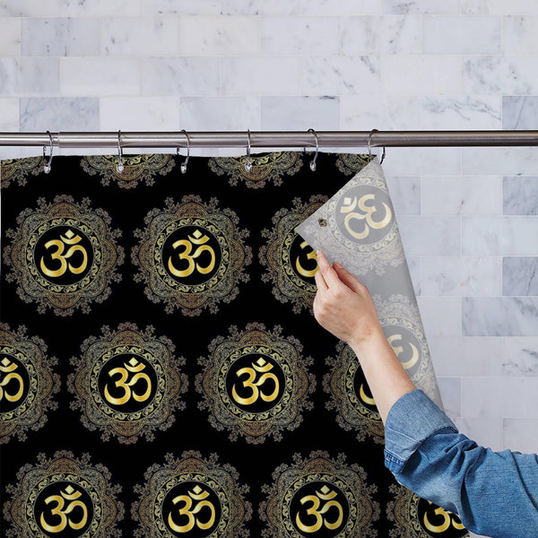 Gold Om Mantra and Mandala Washable Waterproof Shower Curtain-Shower Curtains-CUR_SH_EL-IC 5016166 IC 5016166, Abstract Expressionism, Abstracts, Black, Black and White, Bohemian, Botanical, Culture, Decorative, Ethnic, Fashion, Floral, Flowers, Illustrations, Indian, Mandala, Minimalism, Modern Art, Nature, Patterns, Scenic, Semi Abstract, Signs, Signs and Symbols, Symbols, Traditional, Tribal, World Culture, gold, om, mantra, and, washable, waterproof, polyester, shower, curtain, eyelets, abstract, backgr