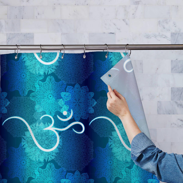 Ornate Mandala & Hindu Om Aum Symbol D1 Washable Waterproof Shower Curtain-Shower Curtains-CUR_SH_EL-IC 5016185 IC 5016185, Asian, Botanical, Buddhism, Culture, Decorative, Ethnic, Floral, Flowers, God Buddha, Hinduism, Illustrations, Indian, Mandala, Nature, Patterns, Religion, Religious, Signs, Signs and Symbols, Spiritual, Symbols, Traditional, Tribal, World Culture, ornate, hindu, om, aum, symbol, d1, washable, waterproof, polyester, shower, curtain, eyelets, buddha, ohm, eastern, asia, background, brig