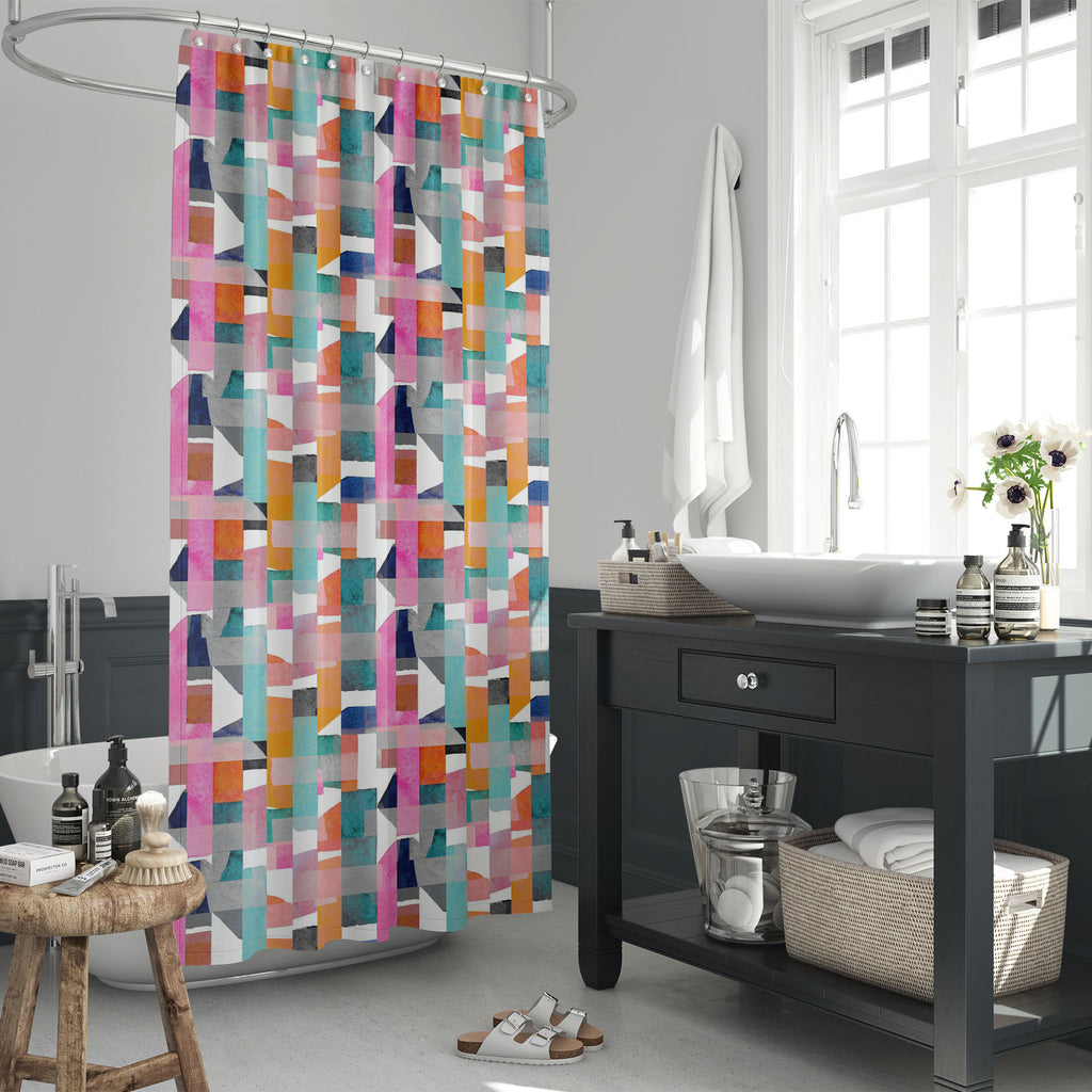 Abstract Geometric Shapes D1 Washable Waterproof Shower Curtain-Shower Curtains-CUR_SH_EL-IC 5016249 IC 5016249, Abstract Expressionism, Abstracts, African, Art and Paintings, Culture, Digital, Digital Art, Drawing, Ethnic, Fashion, Geometric, Geometric Abstraction, Graphic, Illustrations, Modern Art, Patterns, Semi Abstract, Signs, Signs and Symbols, Splatter, Stripes, Traditional, Tribal, Watercolour, World Culture, abstract, shapes, d1, washable, waterproof, shower, curtain, watercolor, pattern, stripe, 