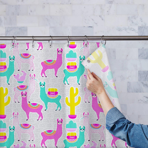 Llama and Cactus with Dots Washable Waterproof Shower Curtain-Shower Curtains-CUR_SH_EL-IC 5016482 IC 5016482, Animals, Animated Cartoons, Art and Paintings, Baby, Black and White, Caricature, Cartoons, Children, Culture, Decorative, Drawing, Ethnic, Fashion, Hand Drawn, Illustrations, Kids, Mexican, Nature, Patterns, Scenic, Signs and Symbols, Symbols, Traditional, Tribal, White, Wildlife, World Culture, llama, and, cactus, with, dots, washable, waterproof, polyester, shower, curtain, eyelets, alpaca, anim