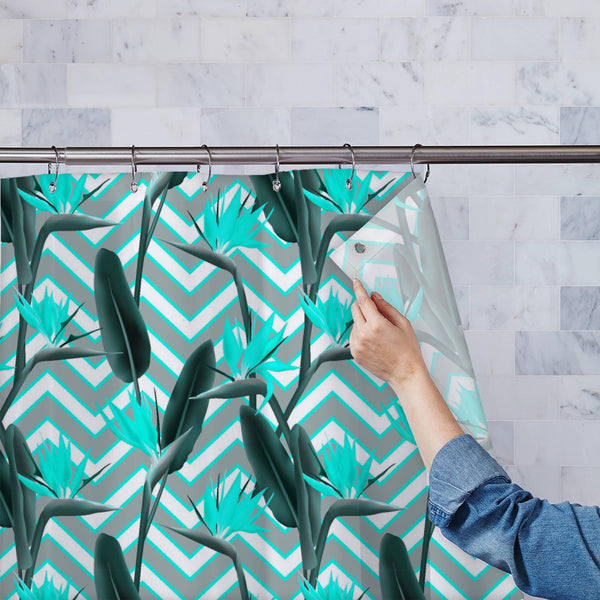 Modern African Crane Flower D1 Washable Waterproof Shower Curtain-Shower Curtains-CUR_SH_EL-IC 5016537 IC 5016537, African, Birds, Botanical, Drawing, Floral, Flowers, Geometric, Geometric Abstraction, Illustrations, Modern Art, Nature, Patterns, Signs, Signs and Symbols, Stripes, Tropical, modern, crane, flower, d1, washable, waterproof, polyester, shower, curtain, eyelets, background, beautiful, bird, of, paradise, bloom, blooming, blossom, botanic, botany, color, cyan, decoration, design, exotic, fabric,