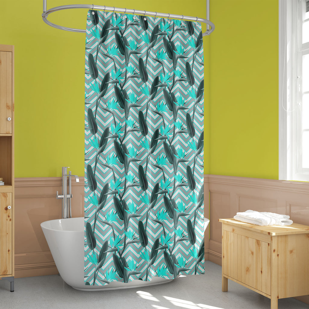 Modern African Crane Flower D1 Washable Waterproof Shower Curtain-Shower Curtains-CUR_SH_EL-IC 5016537 IC 5016537, African, Birds, Botanical, Drawing, Floral, Flowers, Geometric, Geometric Abstraction, Illustrations, Modern Art, Nature, Patterns, Signs, Signs and Symbols, Stripes, Tropical, modern, crane, flower, d1, washable, waterproof, shower, curtain, background, beautiful, bird, of, paradise, bloom, blooming, blossom, botanic, botany, color, cyan, decoration, design, exotic, fabric, grey, growing, plan