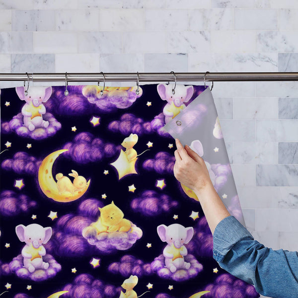 Baby Animals and Night Sky Washable Waterproof Shower Curtain-Shower Curtains-CUR_SH_EL-IC 5016721 IC 5016721, Animals, Animated Cartoons, Baby, Caricature, Cartoons, Children, Decorative, Illustrations, Kids, Patterns, Signs, Signs and Symbols, Stars, and, night, sky, washable, waterproof, polyester, shower, curtain, eyelets, cat, seamless, animal, background, bunny, cute, dream, fabric, pattern, backdrop, beautiful, bed, bedclothes, bedroom, card, cartoon, child, cloud, dark, decor, design, drawn, elephan