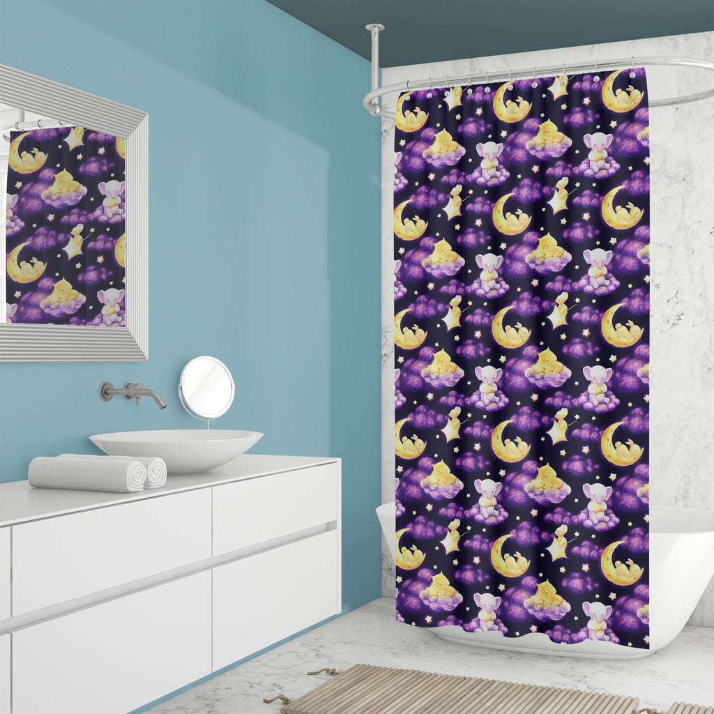 Baby Animals and Night Sky Washable Waterproof Shower Curtain-Shower Curtains-CUR_SH_EL-IC 5016721 IC 5016721, Animals, Animated Cartoons, Baby, Caricature, Cartoons, Children, Decorative, Illustrations, Kids, Patterns, Signs, Signs and Symbols, Stars, and, night, sky, washable, waterproof, shower, curtain, cat, seamless, animal, background, bunny, cute, dream, fabric, pattern, backdrop, beautiful, bed, bedclothes, bedroom, card, cartoon, child, cloud, dark, decor, design, drawn, elephant, hand, hare, illus