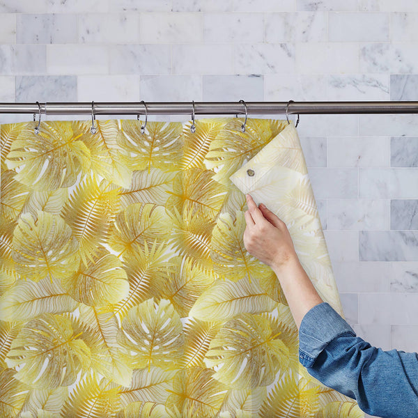 Golden Tropical Palm Leaves Washable Waterproof Shower Curtain-Shower Curtains-CUR_SH_EL-IC 5016735 IC 5016735, Art and Paintings, Black and White, Botanical, Decorative, Digital, Digital Art, Drawing, Fashion, Floral, Flowers, Graphic, Hawaiian, Illustrations, Nature, Paintings, Patterns, Scenic, Seasons, Signs, Signs and Symbols, Tropical, White, golden, palm, leaves, washable, waterproof, polyester, shower, curtain, eyelets, gold, pattern, wallpaper, background, seamless, illustration, aurum, leaf, art, 