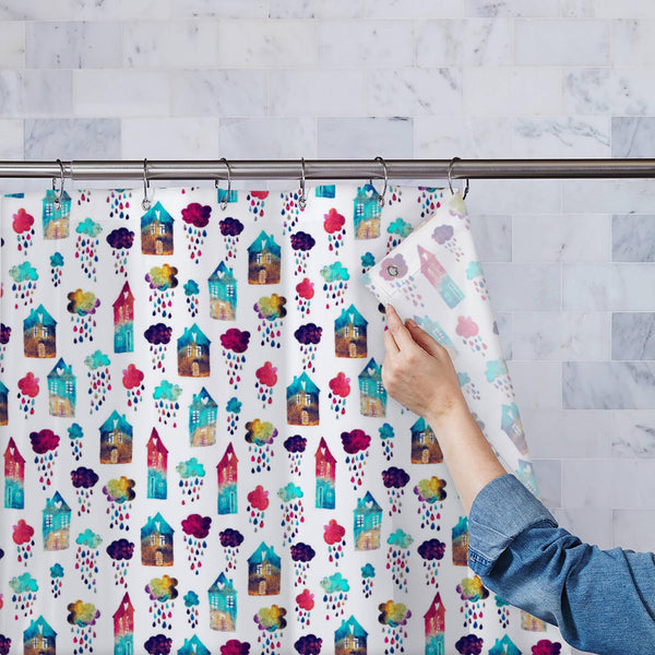 Houses and Clouds With Falling Raindrops D1 Washable Waterproof Shower Curtain-Shower Curtains-CUR_SH_EL-IC 5016798 IC 5016798, Animated Cartoons, Architecture, Art and Paintings, Baby, Books, Caricature, Cartoons, Children, Cities, City Views, Hand Drawn, Hearts, Illustrations, Kids, Landscapes, Love, Patterns, Pets, Scenic, Urban, Watercolour, houses, and, clouds, with, falling, raindrops, d1, washable, waterproof, polyester, shower, curtain, eyelets, aquarelle, art, backdrop, background, book, building, 